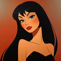 an animated girl with black hair and a very long nose