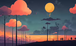 an orange sky with the sun in the distance,an animated landscape of a man on a hill with people flying kites