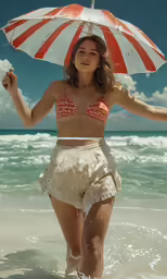 the woman is in her bathing suit and hat while holding an umbrella