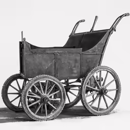 a vintage wagon on wheels, with four tires and two seats