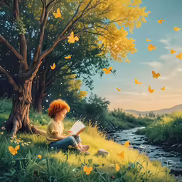 a young girl sitting on grass next to a stream