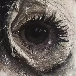 a wet eye has black eyelashes on it