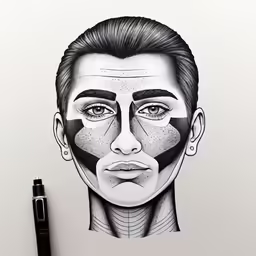 the drawing on a paper depicts a man with facial markings