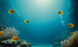 underwater picture of several fish swimming around corals