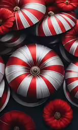 red and white ornaments are arranged together on the surface