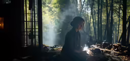 a woman in a dark forest with the lights on