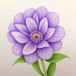 drawing of a purple flower with green leaves on a white background,a purple and yellow flower on a white surface