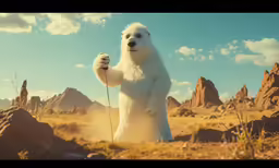 the polar bear stands in a desert landscape