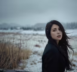 the woman is posing for a photo in the snow