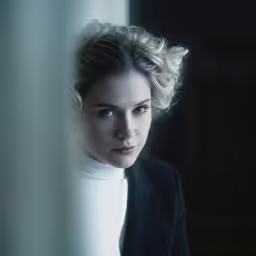 a woman in white and black sitting next to a curtain