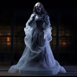 a ghostly doll with white hair, dressed in a long white gown,a white woman in a dress that is made from plastic