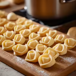 a cutting board with small pasta hearts next to an instant pot of pasta