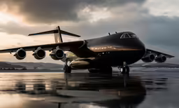 a black plane with propellers sitting on a tarmac at sunset