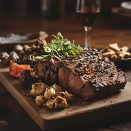 a steak with side dishes on a cutting board