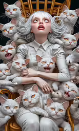 a cat sitting in the middle of a group of cats