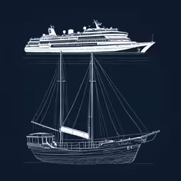 the blueprint image shows a sailing vessel with two sails on it