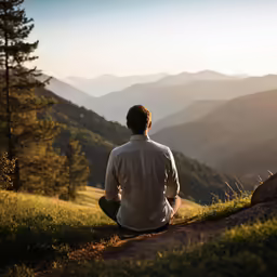 man sitting on top of hill looking over valley and mountains