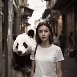 a girl standing next to a panda behind a fence