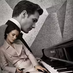 a beautiful young lady sitting next to a man in front of a piano
