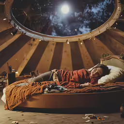 a person laying on a bed inside a yurt