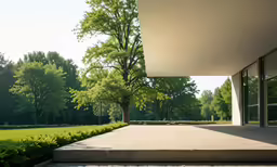 an empty concrete walkway leading to the front of a building