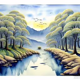 the painting is a blue lake and many trees,an image of painting with blue and yellow tones