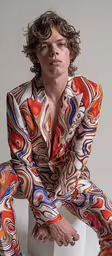 a person in colorful suit sitting down with their hands on their hips,the man in multicolored print sitting on top of a cube