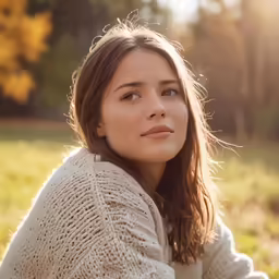 a young woman with a sweater on her head in front of some trees