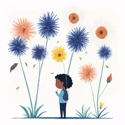 a young black girl is standing in front of a field of wildflowers