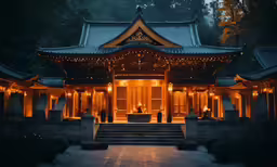 a lighted japanese temple on a misty night