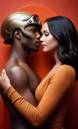 a couple embrace while wearing an elaborate mask