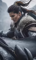 a woman in a fur lined outfit sits atop a horse