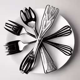 a plate with forks and spoons with forks on top