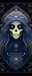 a girl wearing a blue hat with an intricately decorated skull,the skull girl is wearing a blue hat with flowers