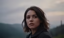 a woman in the picture staring with a mountain in the background