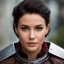 a pretty woman wearing a leather coat and a large metal sword