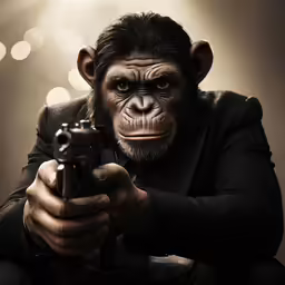 a monkey wearing a suit is holding a gun