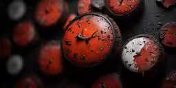 there are many red clocks on the wall