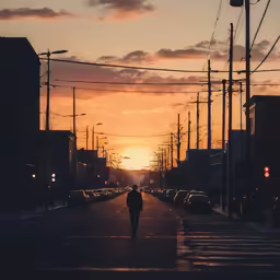 a person walking down a street in the sun