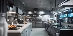 a kitchen with black cabinets and appliances inside