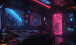 a bed in a room with some window doors