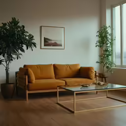 a living room with a yellow couch and coffee table