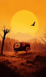 a picture of a truck is parked in a field with an eagle flying above