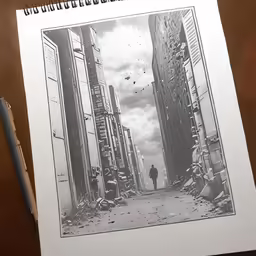black and white photograph of a person walking into a very tall building