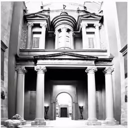an entrance to an old building with columns and pillars