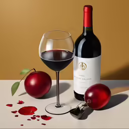 a glass of red wine next to an apple
