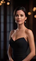 a woman posing for a photo in a strapless black gown