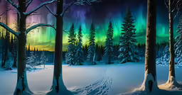 the aurora bore is shining brightly in the sky above snow covered trees