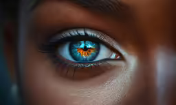 the eye of a woman is showing a bright and glowing flower