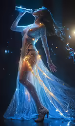 a woman in a blue dress with a sparkling light